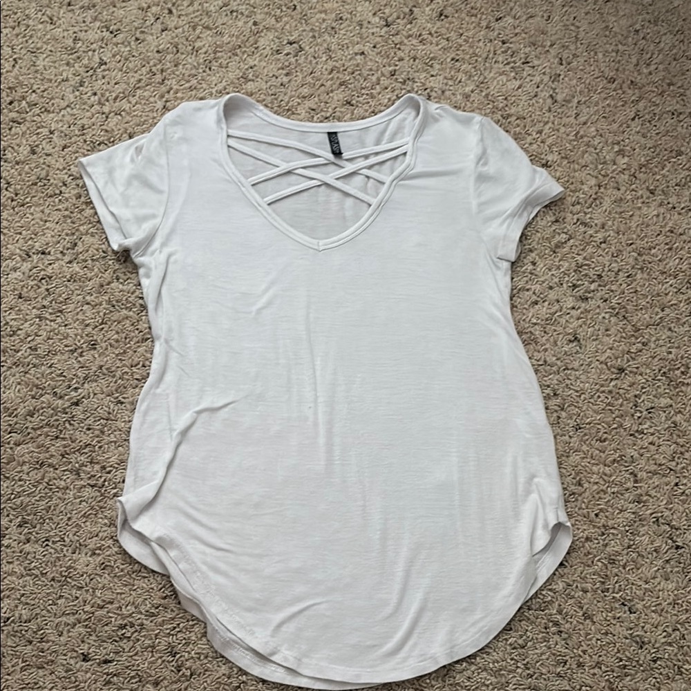 White Short Sleeve Tee with Crisscross Neckline